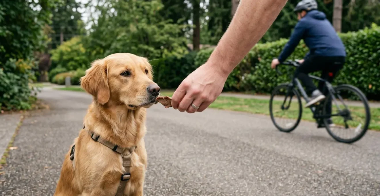 Protocole de contre-conditionnement avec chien observant calmement un vélo à distance pendant que le maître offre une récompense