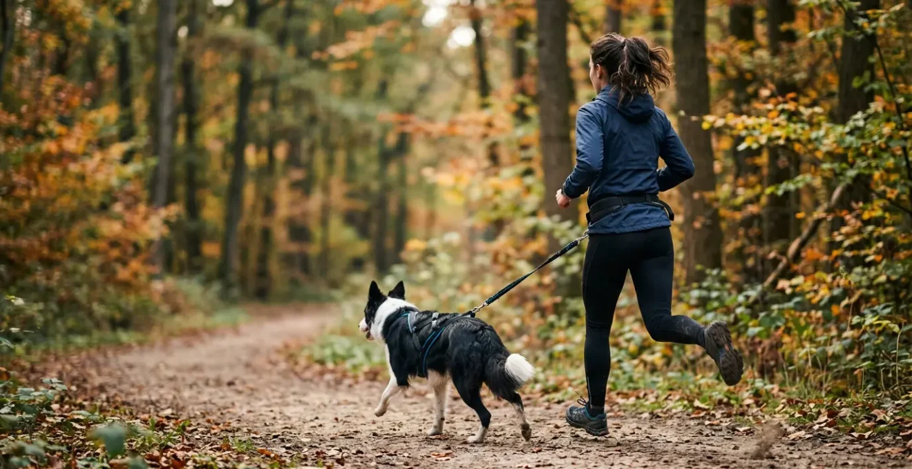 Coureur et chien en pleine action de canicross sur un sentier naturel, illustration du lien sportif entre maitre et animal