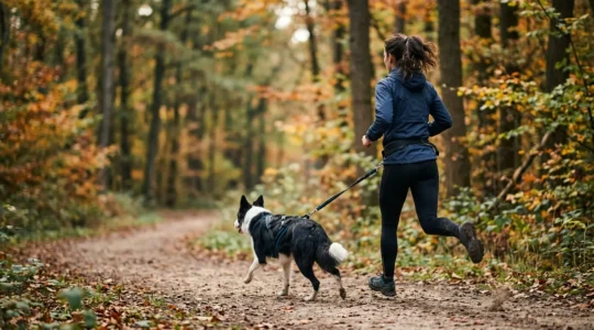 Coureur et chien en pleine action de canicross sur un sentier naturel, illustration du lien sportif entre maitre et animal