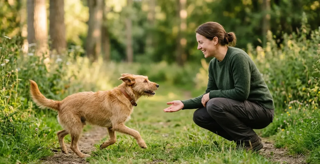 Propriétaire récompensant son chien dans un parc naturel lors d'un exercice de rappel positif