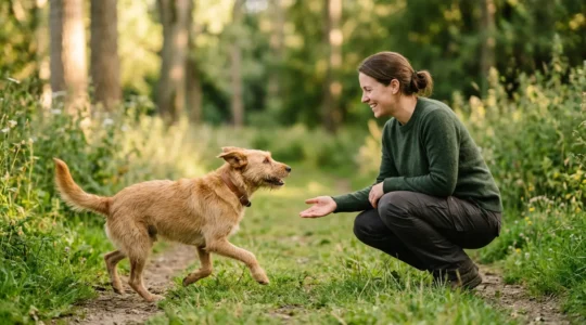 Propriétaire récompensant son chien dans un parc naturel lors d'un exercice de rappel positif