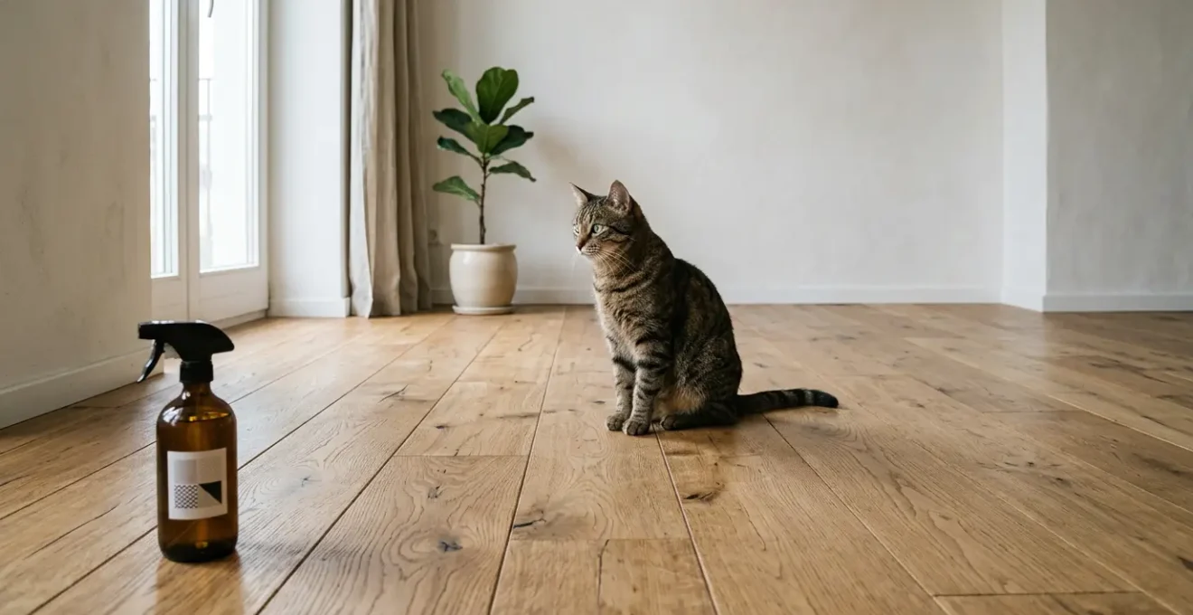 Chat domestique près d'un parquet en bois avec produit nettoyant enzymatique