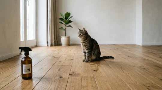 Chat domestique près d'un parquet en bois avec produit nettoyant enzymatique