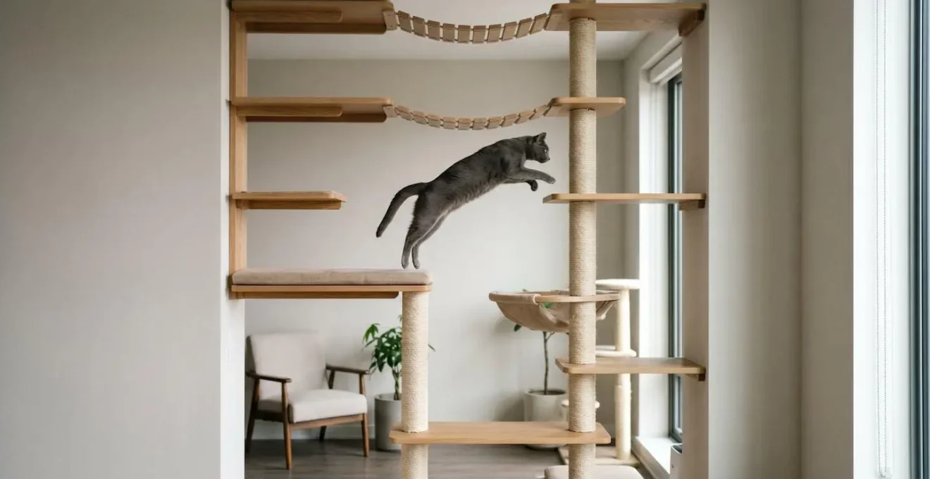 Aménagement vertical pour chat avec étagères murales et arbres à chat créant un parcours en 3D