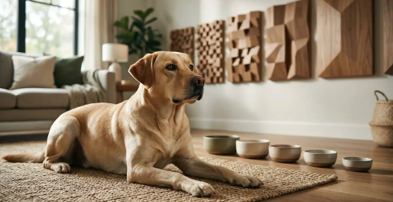 Illustration du processus de désensibilisation sonore pour un chien attentif mais relaxé dans un intérieur calme.