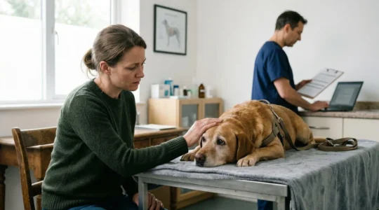 Propriétaire préoccupé consultant un vétérinaire pour son animal de compagnie