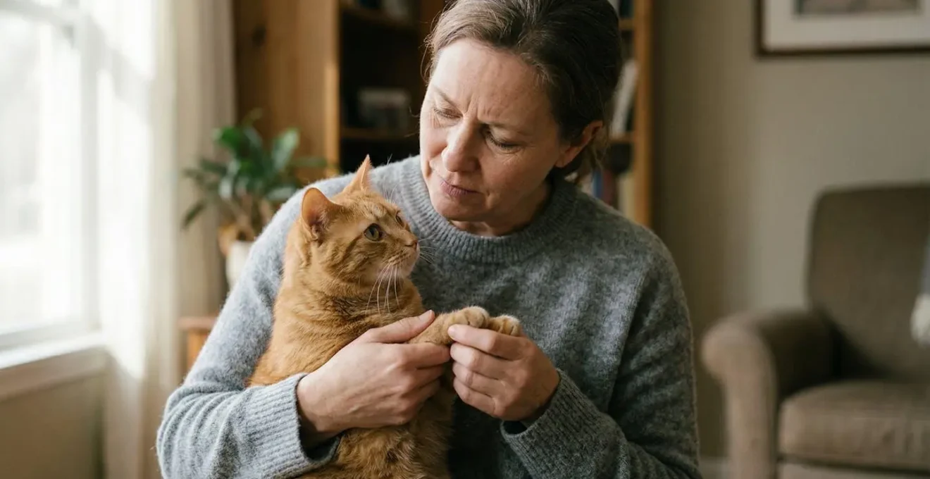 Propriétaire attentif vérifiant la santé de son chat dans un intérieur chaleureux