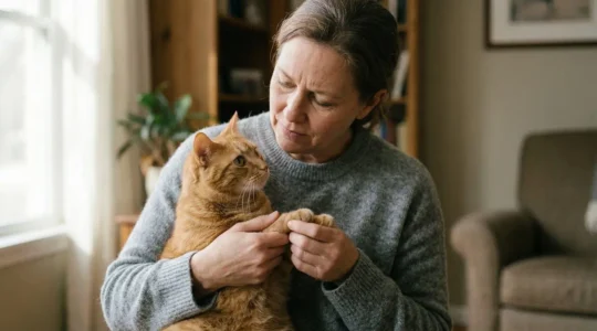 Propriétaire attentif vérifiant la santé de son chat dans un intérieur chaleureux