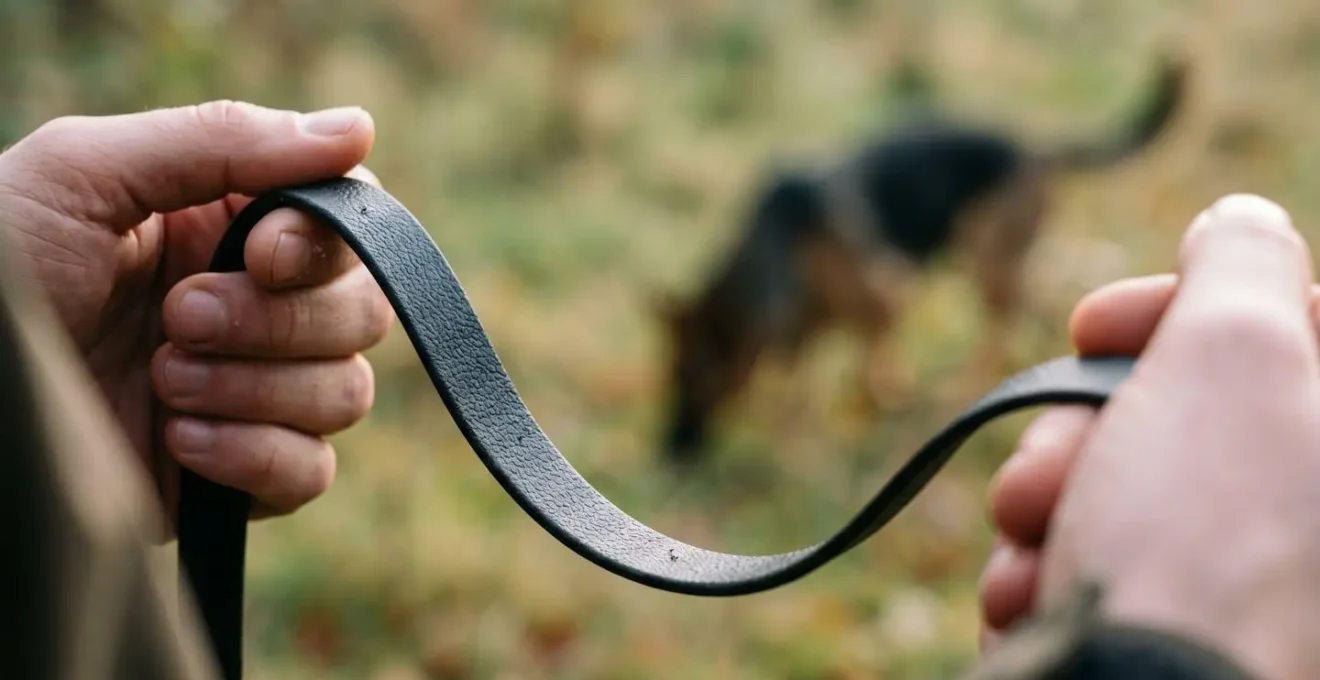 Main tenant une longe détendue pendant qu'un chien piste avec concentration