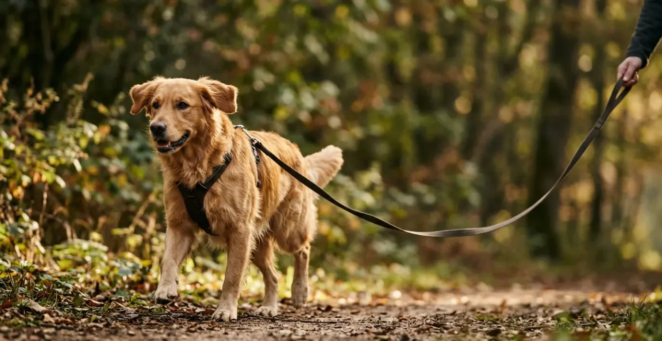 Golden retriever en longe lors d'une séance d'éducation en extérieur dans un parc verdoyant