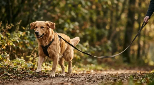 Golden retriever en longe lors d'une séance d'éducation en extérieur dans un parc verdoyant