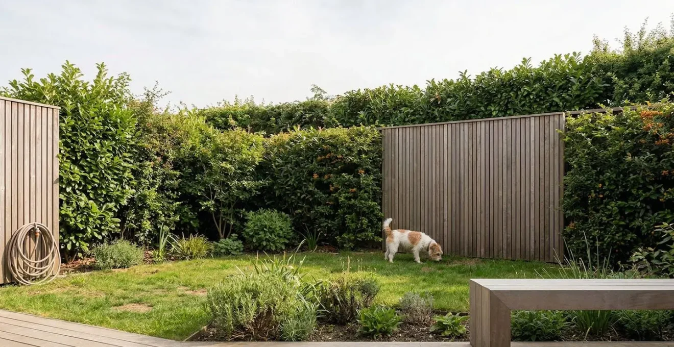 Jardin résidentiel sécurisé avec clôture haute et chien actif dans un espace protégé