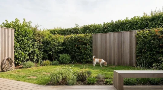 Jardin résidentiel sécurisé avec clôture haute et chien actif dans un espace protégé