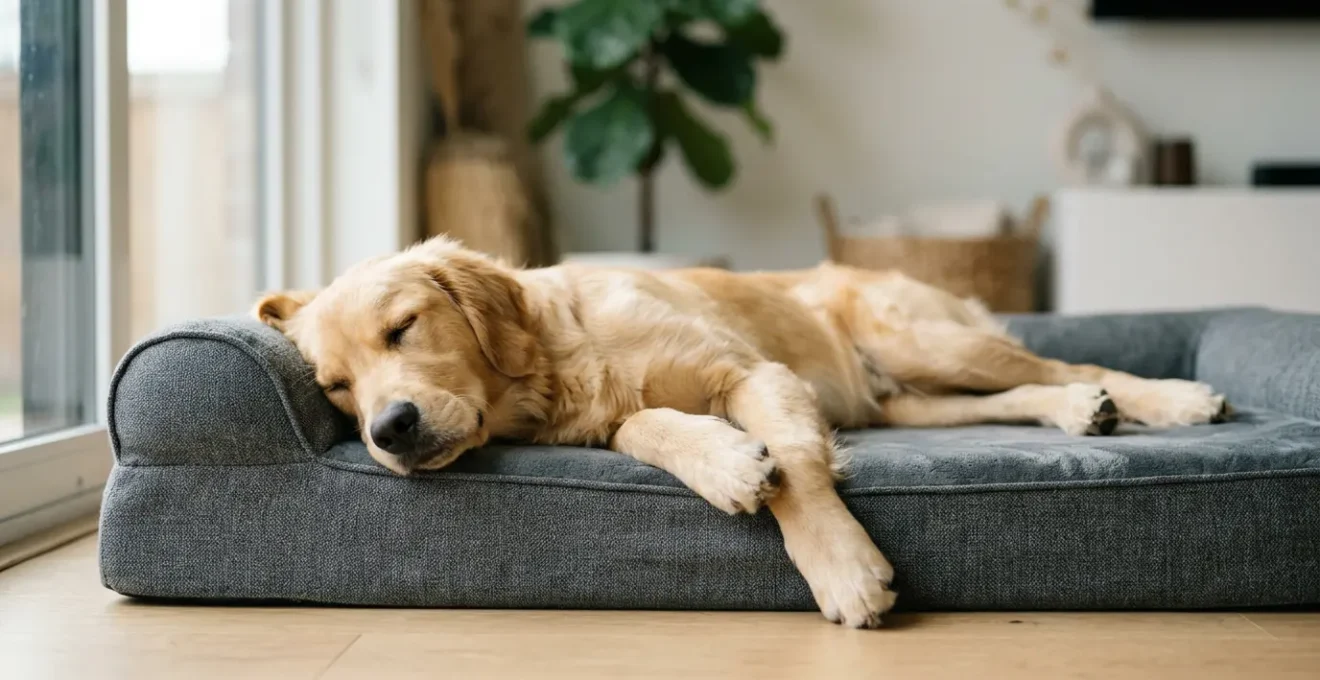 Jeune grand chien de race lourde se reposant confortablement sur un matelas orthopédique à mémoire de forme