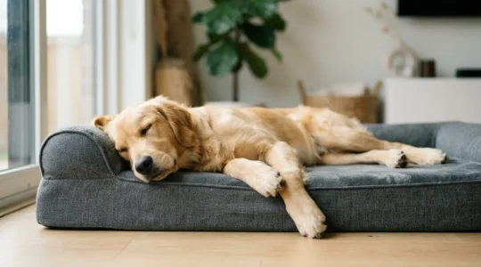 Jeune grand chien de race lourde se reposant confortablement sur un matelas orthopédique à mémoire de forme