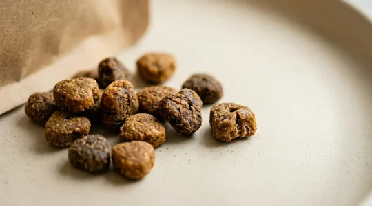 Gros plan sur une étiquette de croquettes pour animaux avec analyse des composants nutritionnels