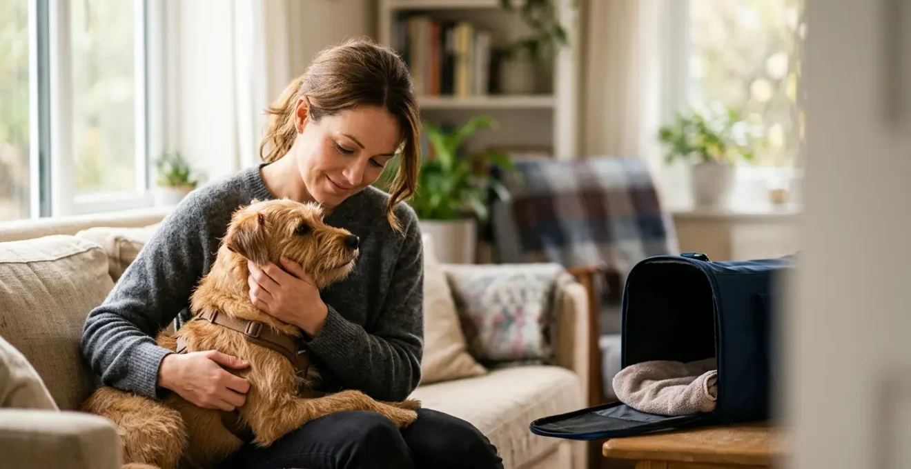 Propriétaire préparant son animal de compagnie pour une visite vétérinaire dans une atmosphère sereine
