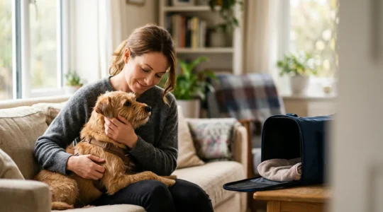 Propriétaire préparant son animal de compagnie pour une visite vétérinaire dans une atmosphère sereine