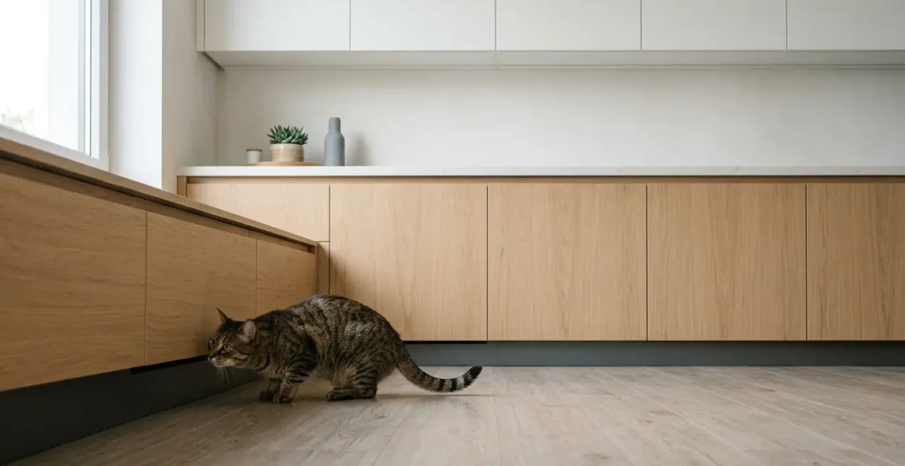 Chat domestique curieux près de produits ménagers dans un intérieur moderne