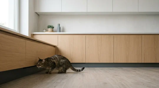 Chat domestique curieux près de produits ménagers dans un intérieur moderne