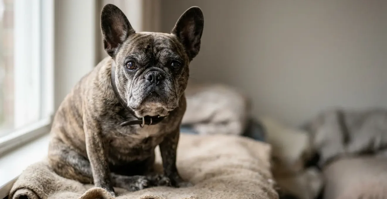 Bouledogue français avec regard expressif dans une composition minimaliste évoquant la fragilité et la protection