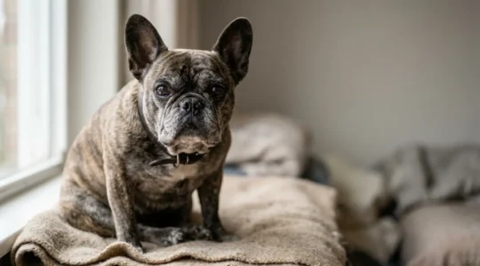 Bouledogue français avec regard expressif dans une composition minimaliste évoquant la fragilité et la protection