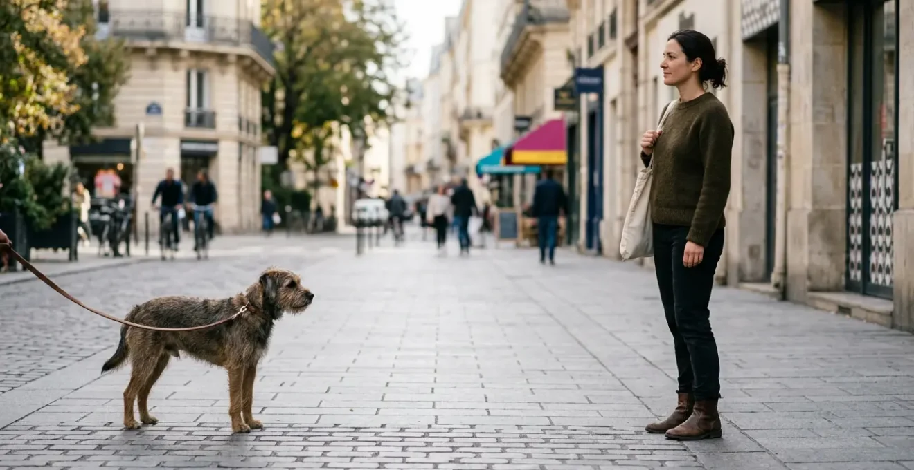 Personne adoptant un langage corporel apaisant face à un chien dans un environnement urbain