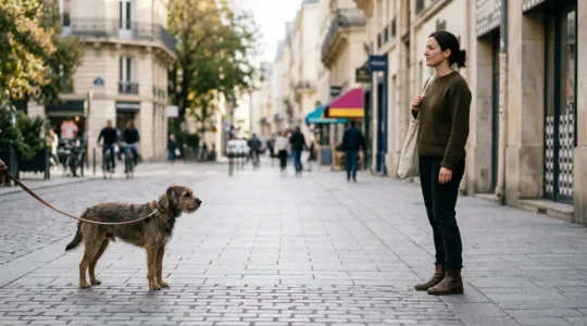 Personne adoptant un langage corporel apaisant face à un chien dans un environnement urbain