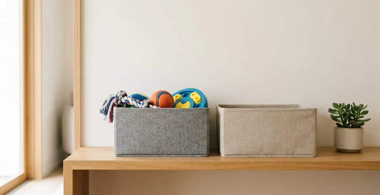 Système de rangement organisé avec jouets pour chien dans des contenants séparés illustrant le principe de rotation