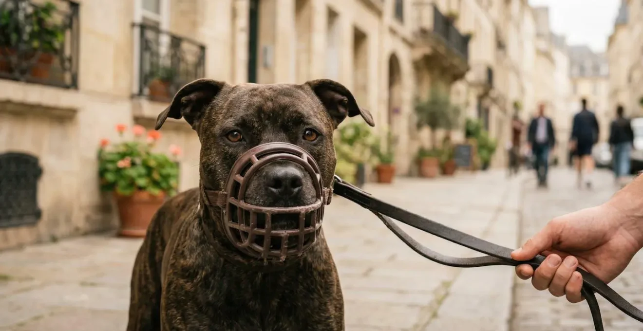 Portrait rapproché d'un chien American Staffordshire Terrier portant une muselière panier, tenu en laisse par son maître responsable dans un environnement urbain français