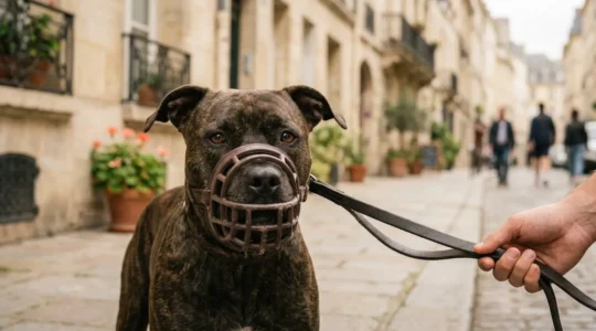 Portrait rapproché d'un chien American Staffordshire Terrier portant une muselière panier, tenu en laisse par son maître responsable dans un environnement urbain français
