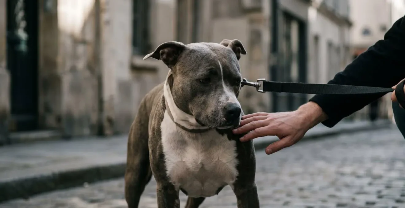 Chien American Staffordshire montrant des signaux d'inconfort subtils dans une situation de stress contrôlée avec son maître attentif