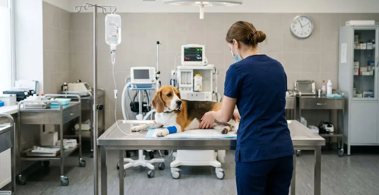 Chien recevant des soins vétérinaires d'urgence pour pancréatite aiguë