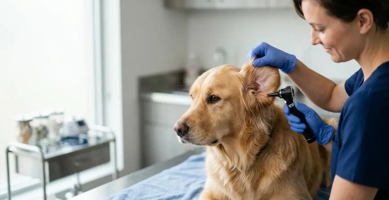 Examen approfondi de l'oreille d'un chien par un vétérinaire spécialisé en dermatologie