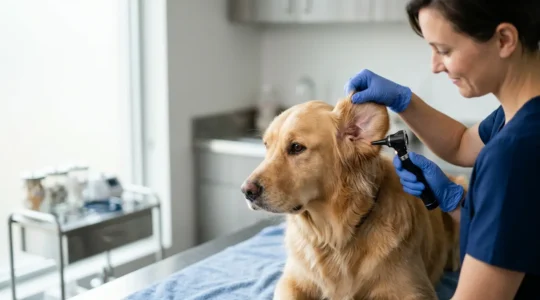 Examen approfondi de l'oreille d'un chien par un vétérinaire spécialisé en dermatologie