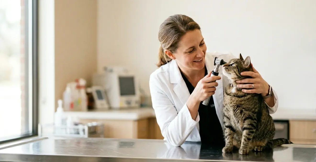 Consultation vétérinaire professionnelle montrant l'examen attentif d'un chat dans une clinique moderne en Île-de-France