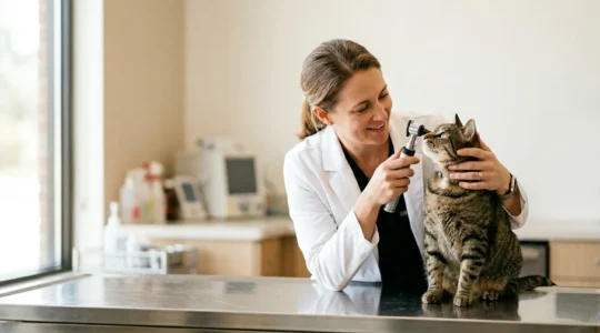 Consultation vétérinaire professionnelle montrant l'examen attentif d'un chat dans une clinique moderne en Île-de-France