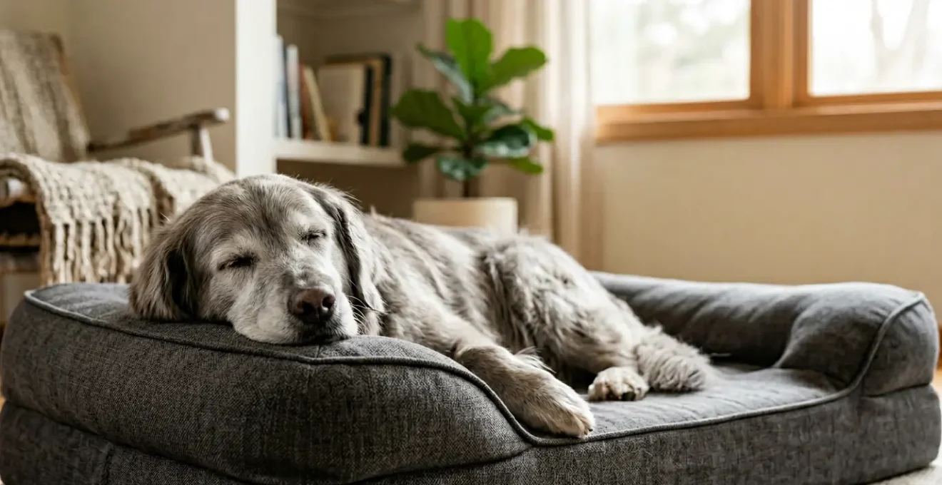 Chien senior allongé confortablement sur un panier orthopédique adapté à ses besoins articulaires