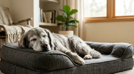 Chien senior allongé confortablement sur un panier orthopédique adapté à ses besoins articulaires