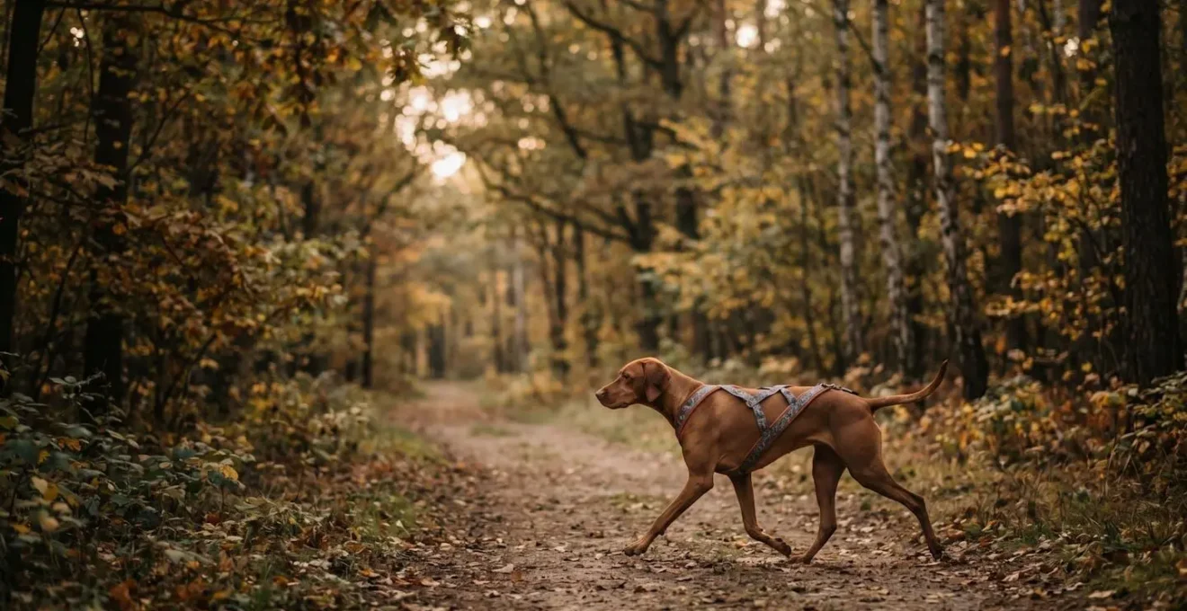 Chien de canicross en action sur sentier forestier automnal illustrant la progression et l entrainement en milieu naturel