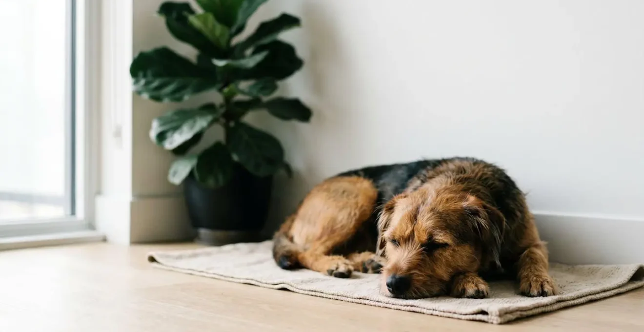 Chien relaxe et detendu sur son tapis dedier au calme
