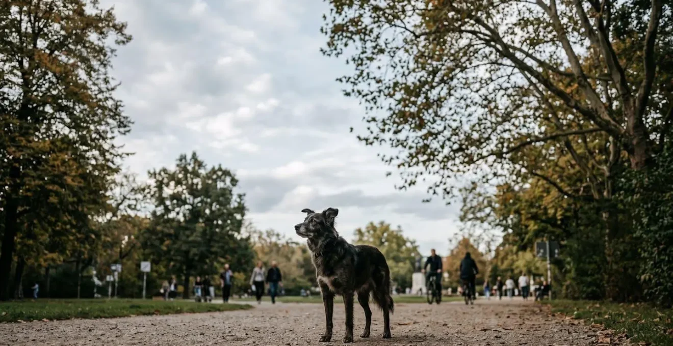 Chien en alerte face aux stimuli urbains illustrant la surcharge cognitive en extérieur