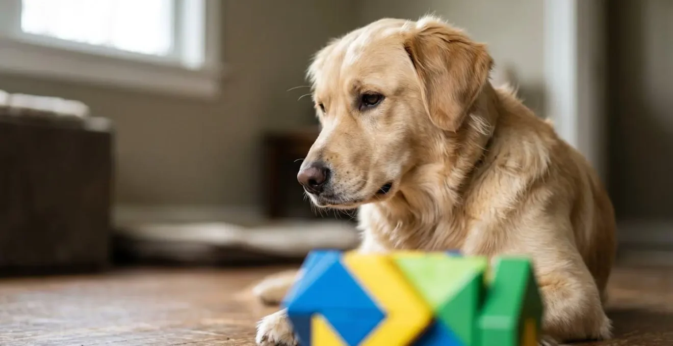 Chien montrant des signes de frustration face à un puzzle d'enrichissement trop difficile, oreilles baissées et regard détourné