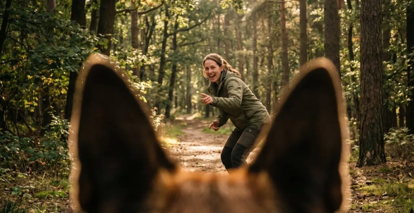 Chien et maître en interaction ludique lors d'un exercice de suivi en forêt
