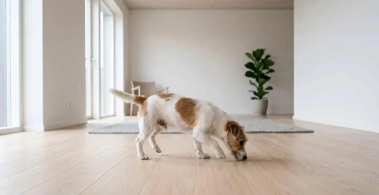 Chien concentre sur une activite de recherche olfactive en interieur