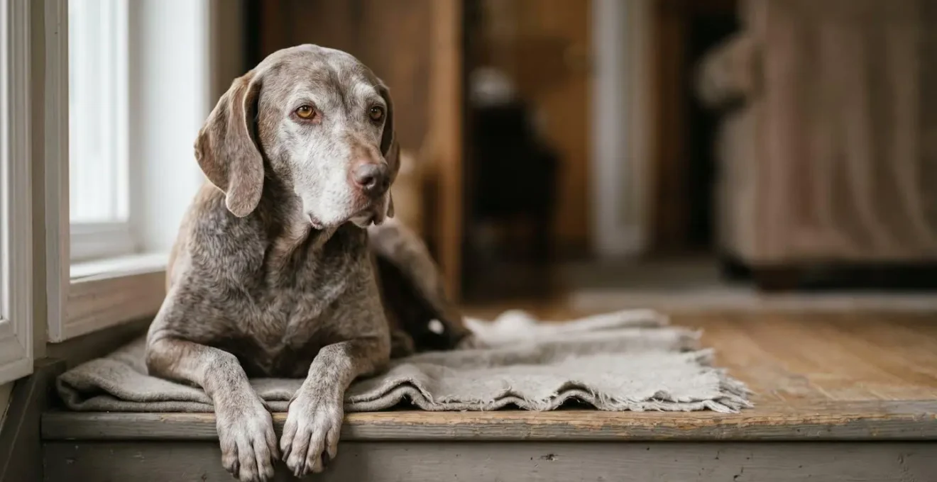 Chien de chasse senior au repos, symbolisant le passage vers la vieillesse et l'importance d'une couverture renforcée