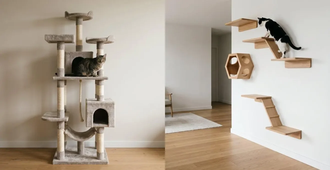 Contraste visuel entre un arbre à chat au sol et des étagères murales pour chat dans un même espace