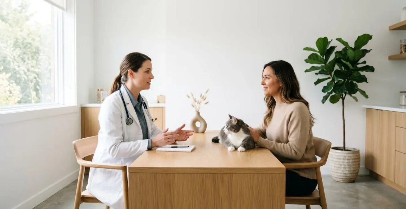 Vétérinaire et propriétaire d'animal en discussion bienveillante dans une salle de consultation, évoquant la confiance et le dialogue
