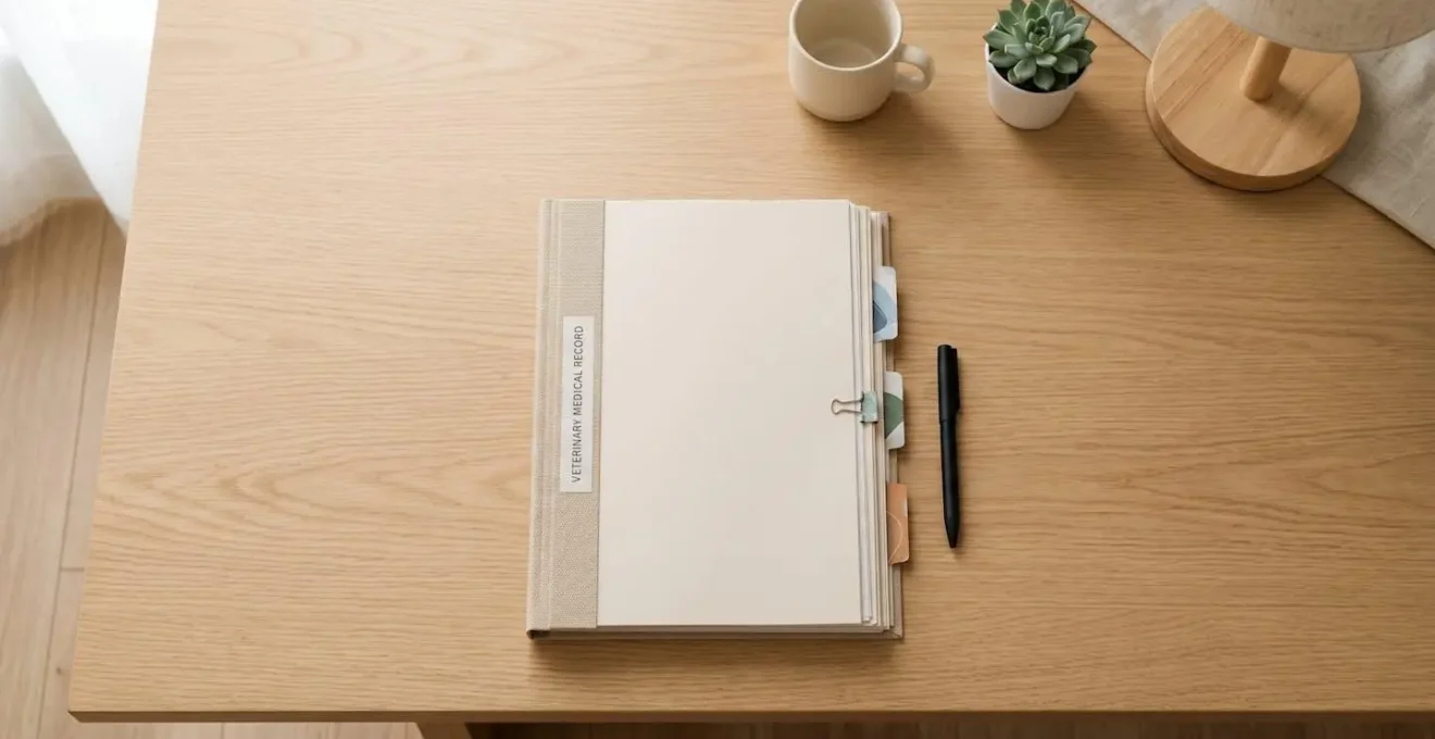 Dossier médical vétérinaire organisé avec documents et formulaires
