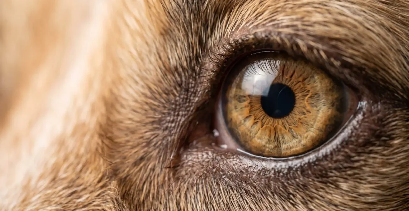 Gros plan macro sur l'œil d'un chien en examen de dépistage génétique pour atrophie rétinienne